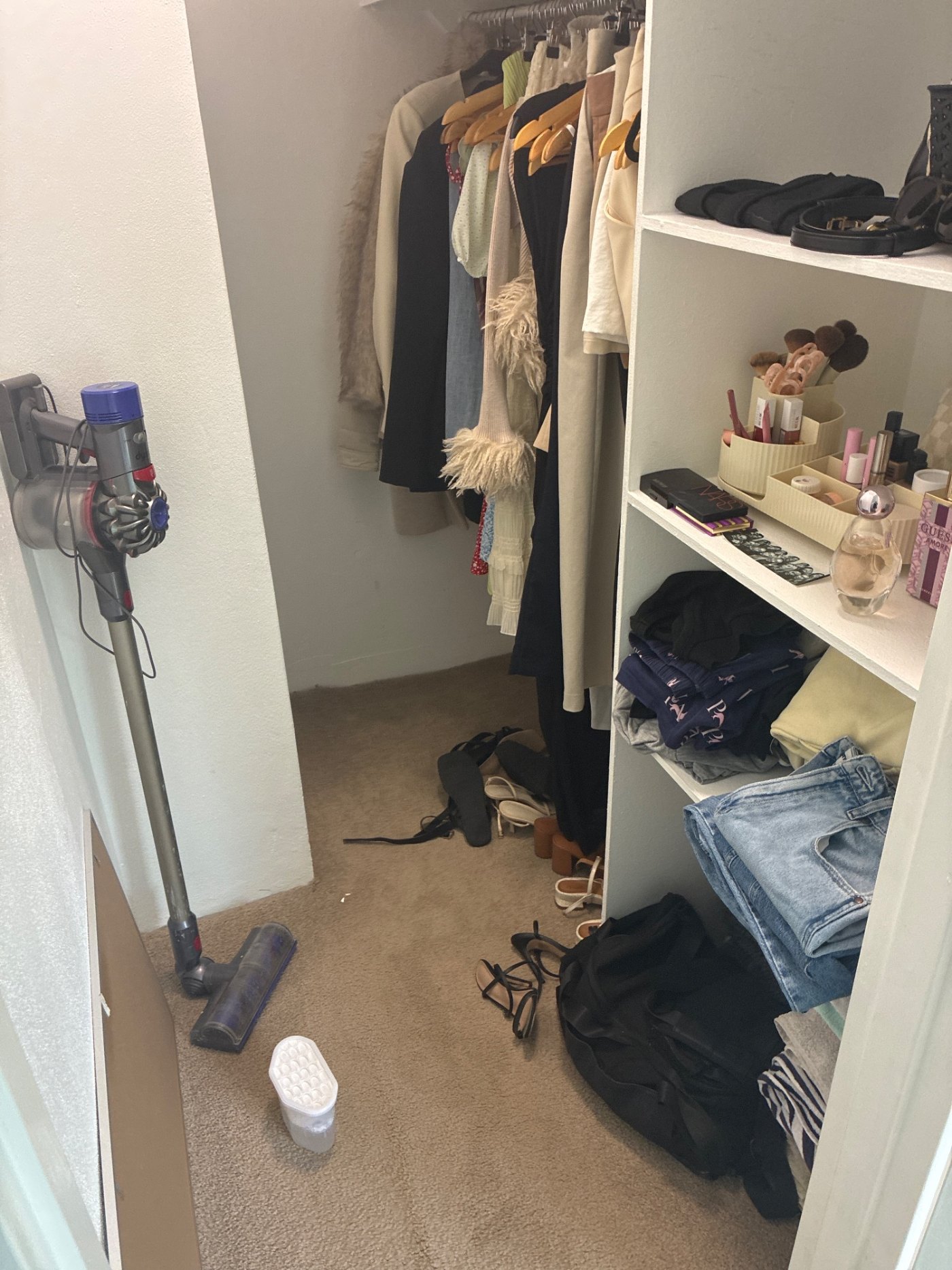 The room it happened in. An enclosed walk-in robe with no mechanical ventilation and a door shut most of the day. Nothing in here looks wrong.